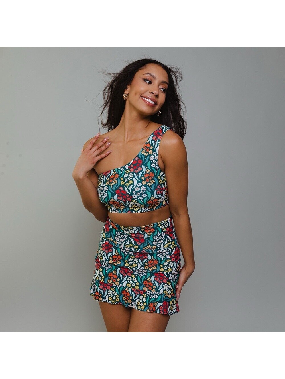 Albion Fit Swim Bikini Skirt Set Size Medium One Shoulder Floral Colorful EUC